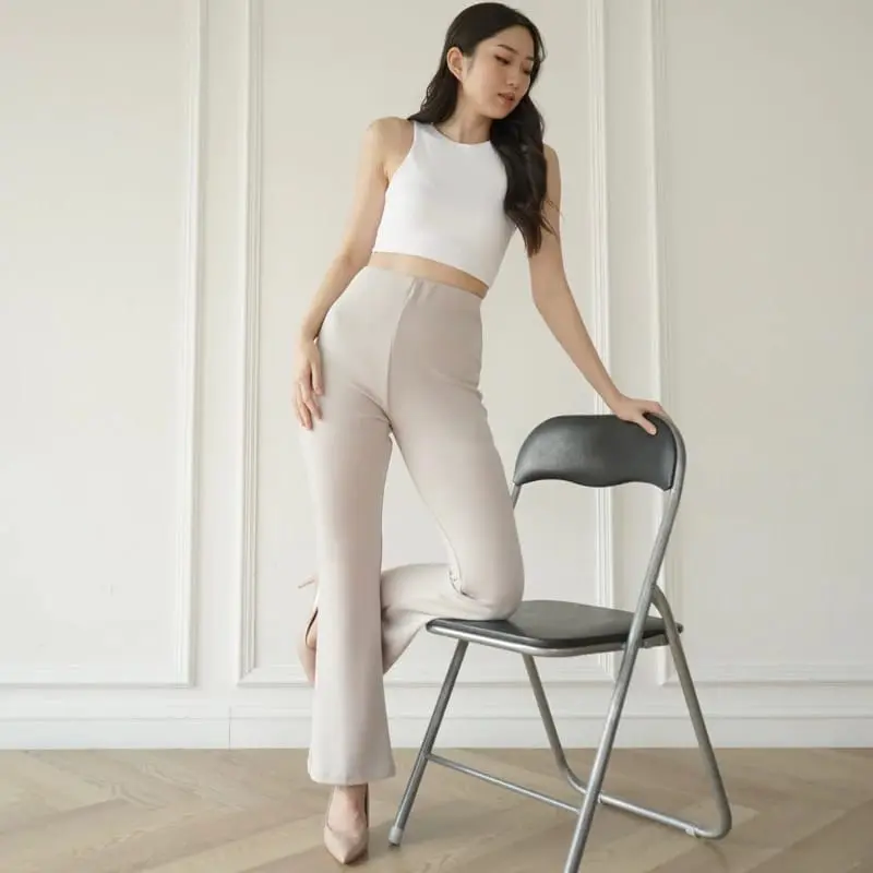 Flare Pants Highwaist Celana Wanita Semi Cutbray Kaki Karet Panjang Scuba 3