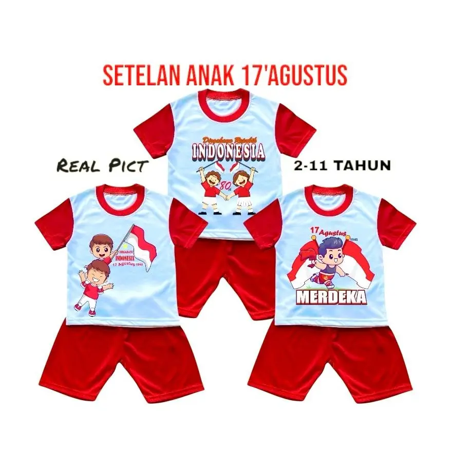 Termurah Setelan Anak Celana Pendek 17 Agustus Usia 1-10 Tahun Bergambar Hari Kemerdekaan Indonesia