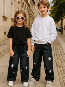 UNISEX Celana Skena Motif Star Jeans Gombrong Anak Pinggang Karet Elastis Fashion Gaya Korean Style Jeans Panjang Baggy Loose pants Warna Hitam dan Biru