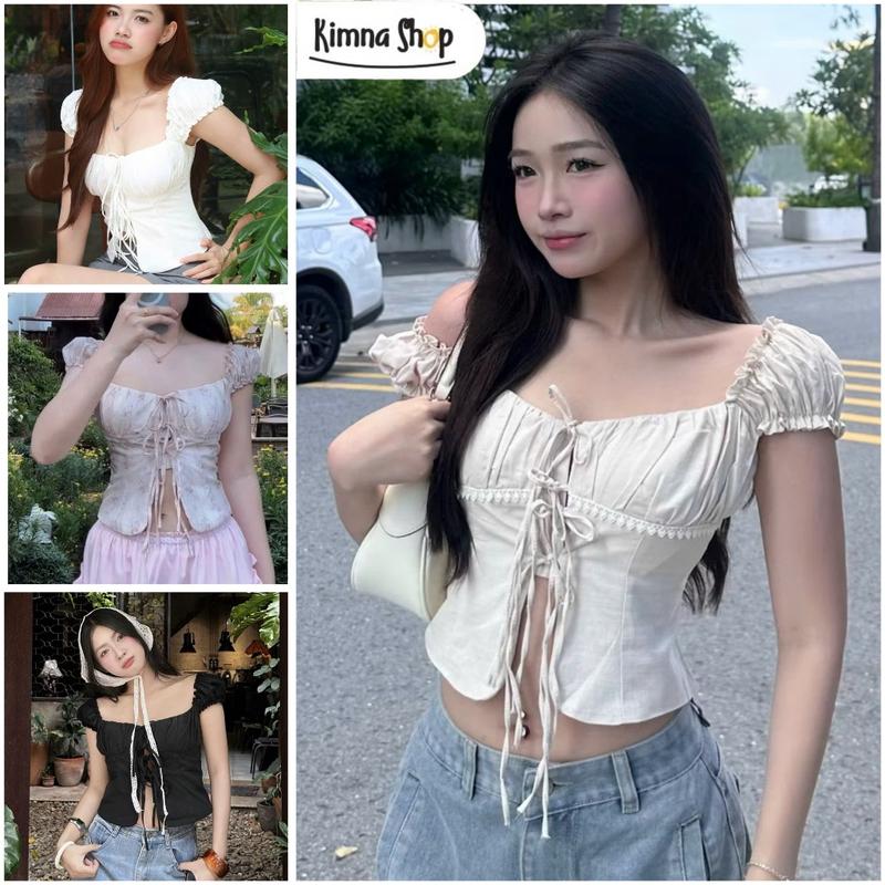 [CÓ MÚT NGỰC] Áo Trễ Vai Tay Bèo Xẻ Trước Chun Lưng 2 Lớp Dày Dặn Phong Cách Tiểu Thư