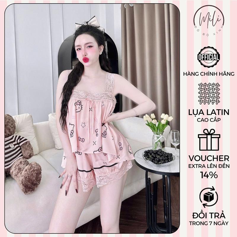 Đồ Bộ Ngủ Nữ Đồ Mặc Nhà Lụa Latin Cao Cấp MiLi – Áo 2 Dây Thắt Nơ Phối Ren Quần Đùi Có Túi Dễ Thương