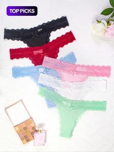 Paquete de 6 piezas de calzones de encaje transparente con decoración de moño para mujer, suaves, cómodos y transpirables para uso diario, ropa interior femenina para todas las estaciones