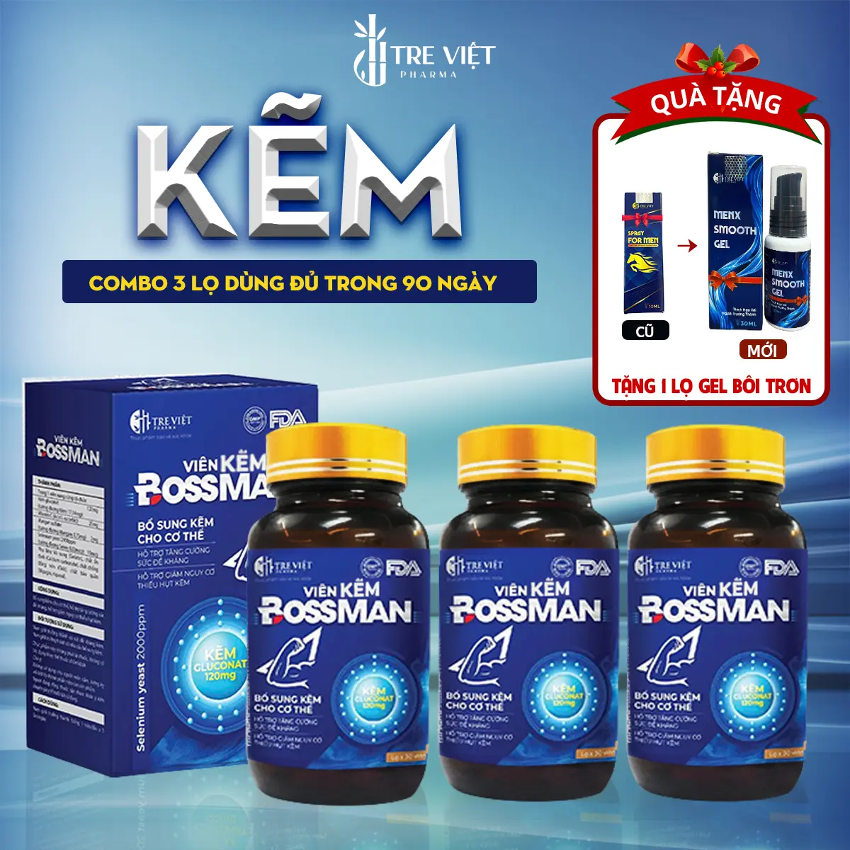 【SALE GIỮA THÁNG - QUÀ TÙY CHỌN】 KẼM BOSS MAN hỗ trợ tăng cường sức khỏe bổ sung kẽm biozinc ( Hộp 3 lọ x30 Viên) - BossMan Huongtreviet tặng một phần quà tùy chọn