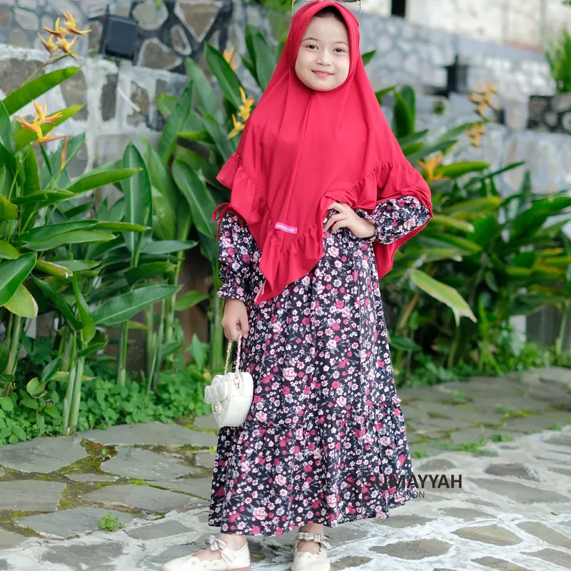 Gamis Rayon Anak Motif Bunga Set Jilbab Jersey Baju Muslim Perempuan Usia 3-10 Tahun 6