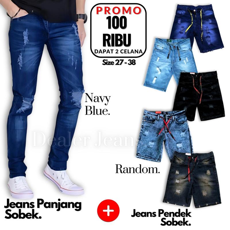 (2 Pcs 100 RIBUAN) Celana Jeans Sobek Pria Premium Quality Model Terbaru Size 27 - 38 Harga Hemat 2 Pcs Cuma 100Ribuan Bisa Bayar Di Tempat 1
