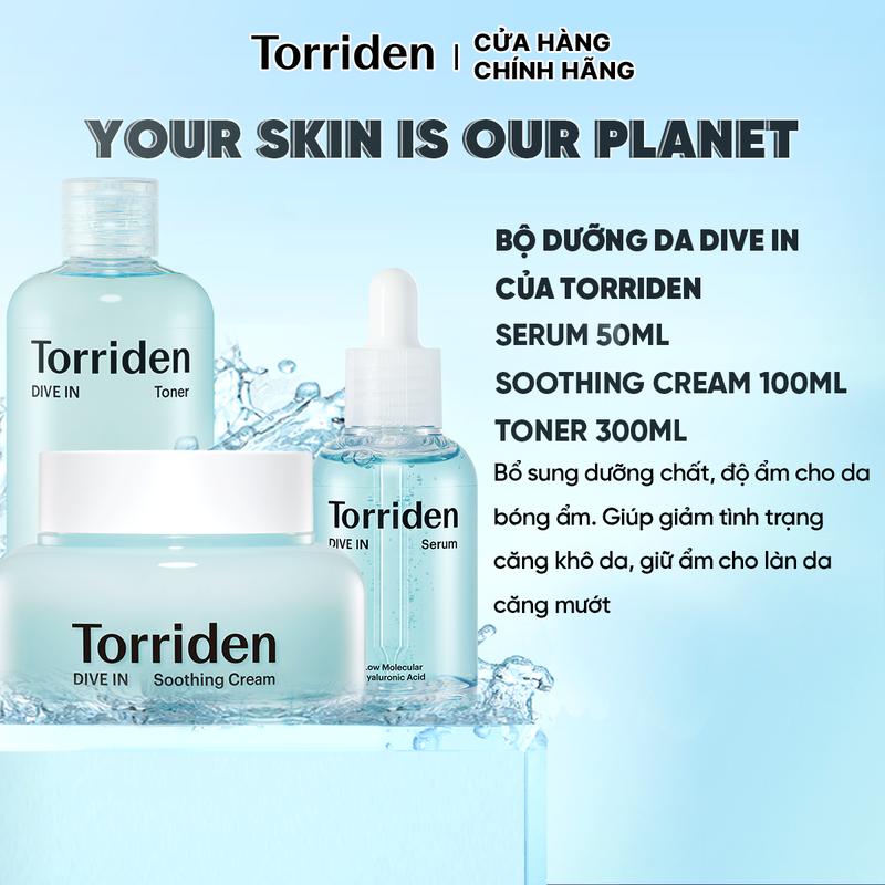   COMBO Bộ 3 Dưỡng Ẩm Da DIVE IN Torriden Hỗ Trợ Làm Dịu Với Hyaluronic Acid Serum 50ml Kem Dưỡng Soothing Cream 100ml Và Toner 300ml  *  