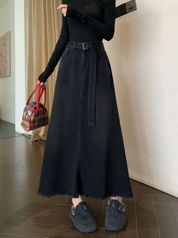  Chân váy jean nữ dài cạp cao tua gấu tặng kèm đai chân váy jean KABICO midi dáng chữ A kiểu dáng thanh lịch_A43 