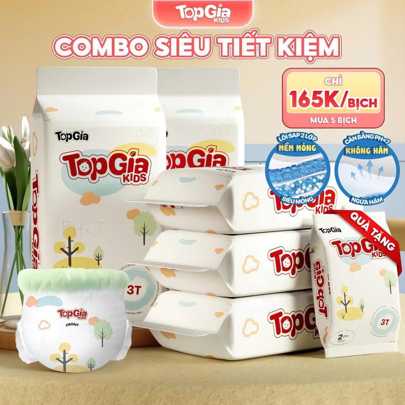[COMBO SIÊU TIẾT KIỆM] 5 BỊCH Tã Bỉm Topgiakids, pH<7 an toàn cho da bé, mềm mại, mỏng nhẹ, chống tràn tối đa, tặng 2 miếng dùng thử (BO)