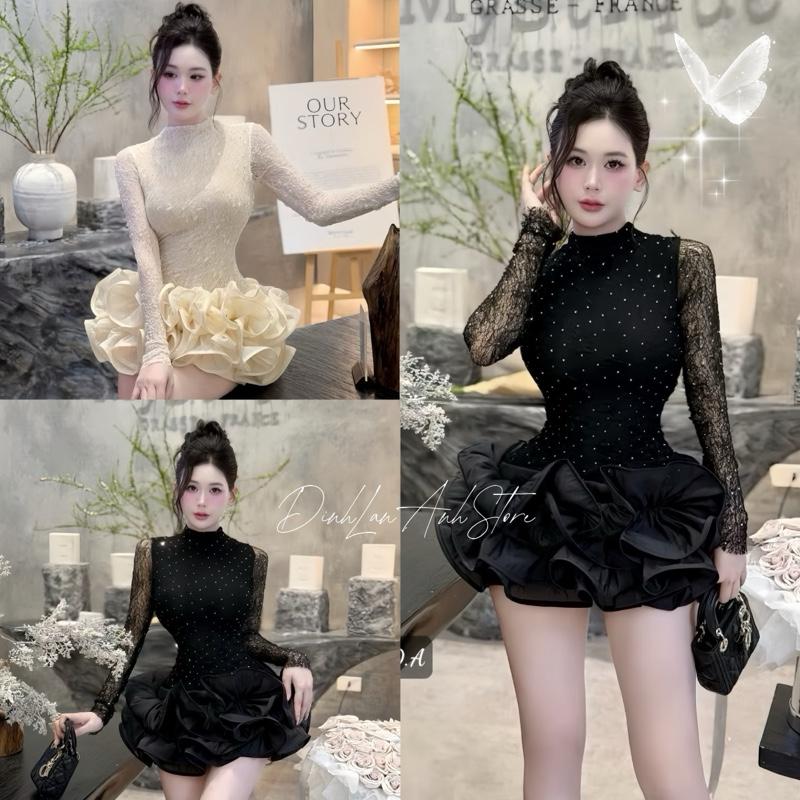  Váy Ren Tay Dài đính đá Bling Chân Bèo Xoắn Bồng Bềnh - DinhLanAnhStore 