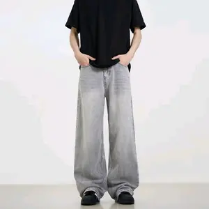 Celana baggy Jeans Wide Leg Wishker Lebar Longgar Gombrong Black Skena Pria Loose Fit Jumbo Big keren bahan denim nyaman oversize Panjang Celana Jeans Pria Hitam