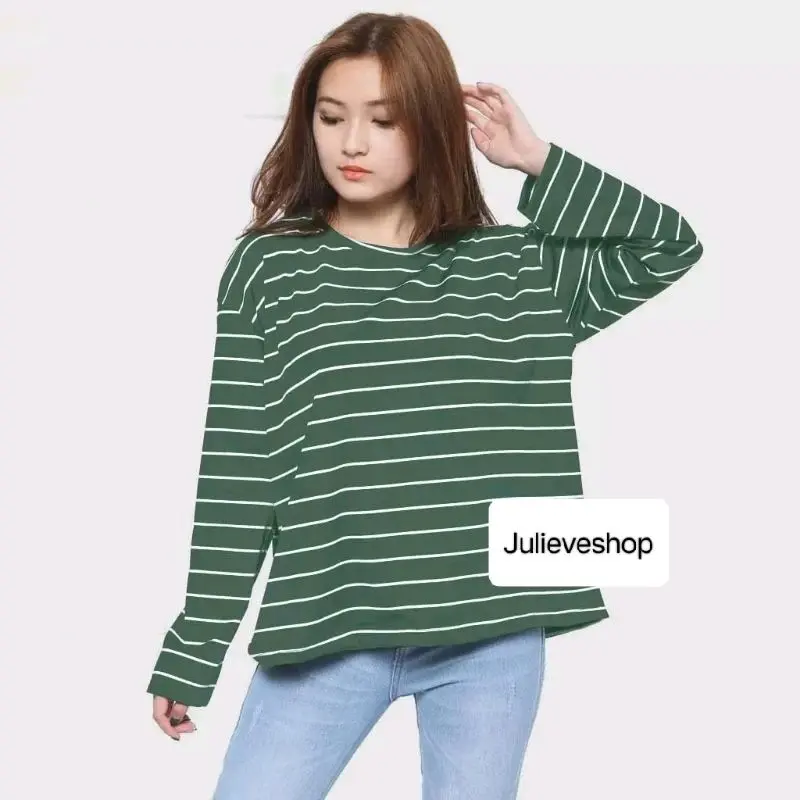 Kaos Manset Motif Salur Garis Berwarna Polos Lengan Panjang Wanita Abu Army 1