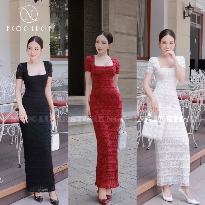 D1007 - Đầm Body Thiết Kế Cổ Vuông Tay Con Vải Xốp Ren Sang Chảnh -  Ngọc Lucie
