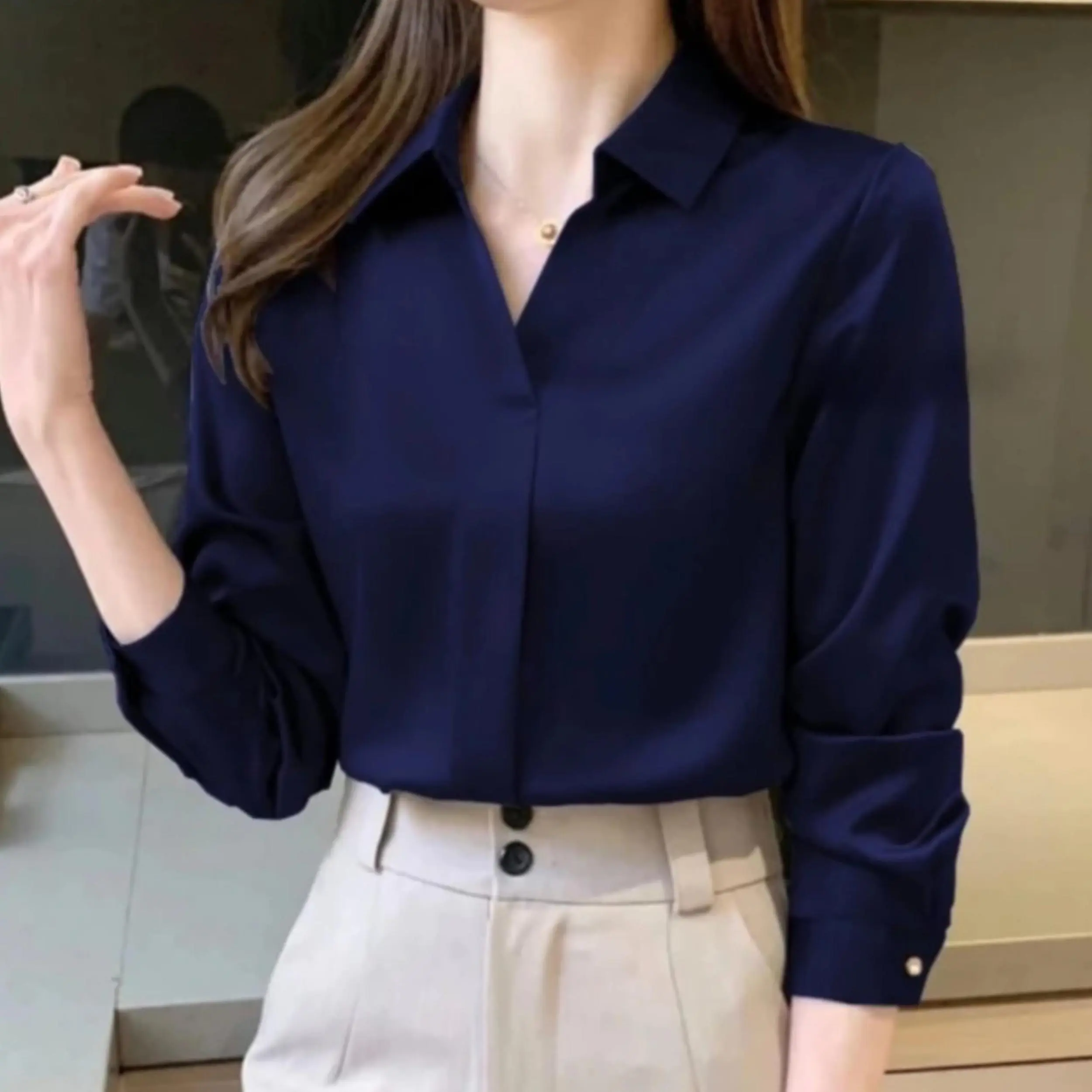 Kemeja  Wanita Basic Polos Formal Shakilla Twill Korean Style Lengan Panjang Size M-XXL