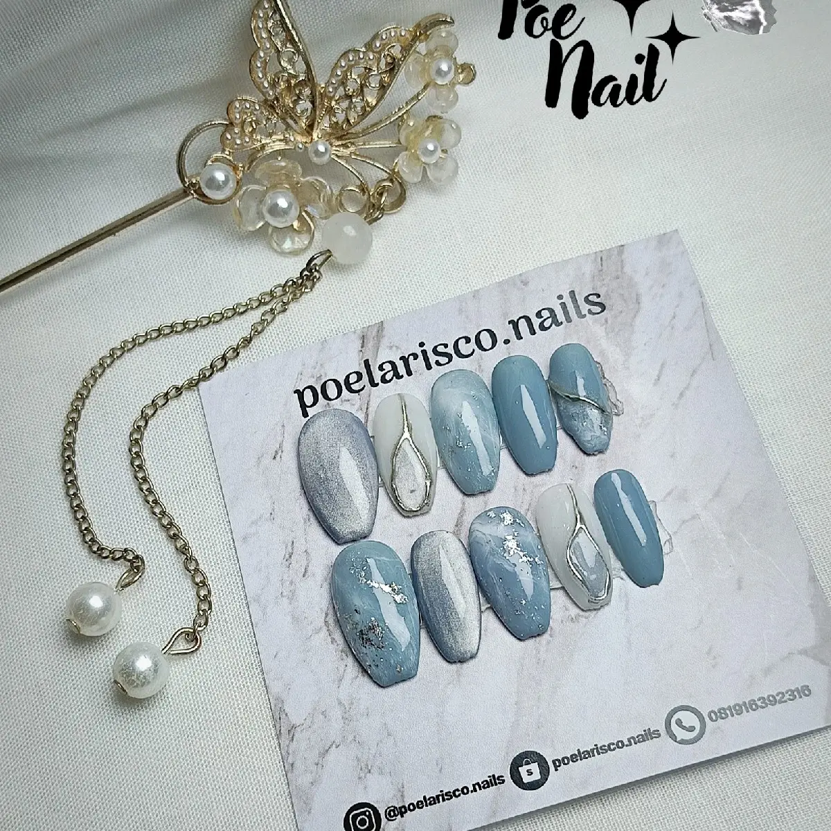 Kuku Palsu Premium Poelarisco Nails - Fake Nails - Nail Tip Custom Biru Muda - Polish, Art Lem Cat