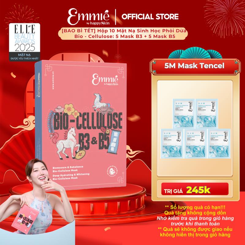 ĐỘC QUYỀN' BAO BÌ TẾT Hộp 10 Mặt Nạ Sinh Học Phôi Dừa Bio-Cellulose Mask Emmié by happySkin 25g x 10: 5 Mask Dưỡng Sáng Da B3 + 5 Mask Làm Dịu Phục Hồi B5