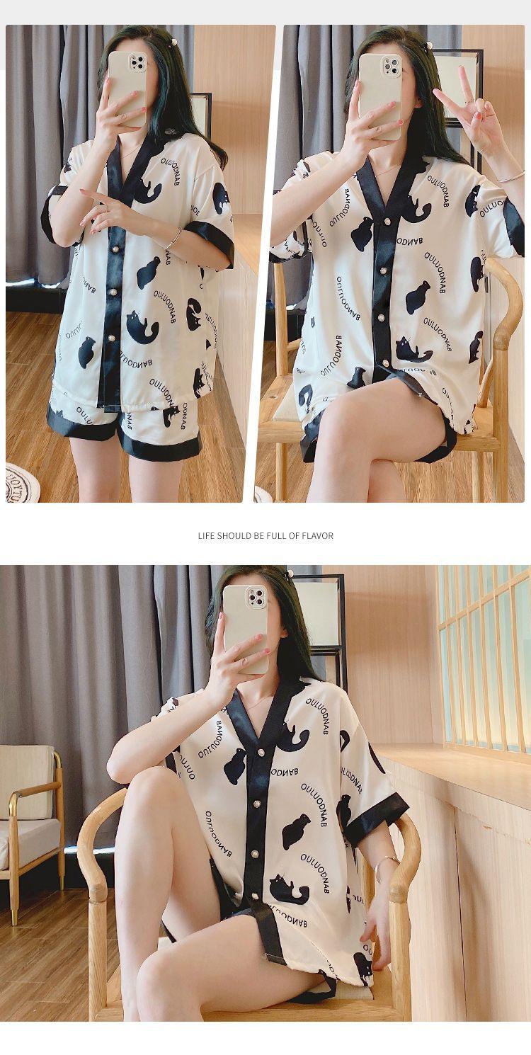 Product Introduction of Women's Pajamas 2022 New Summer Thin Ice Silk Cardigan Camellia Set Short Sleeve Cartoon Princess Style Loungewear 18