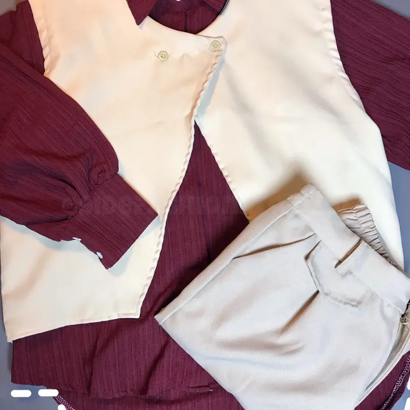 Ootd set Maroon cream setelan maroon 3 in 1 ( Blouse maroon + Vest cream + Baggy pants) 3