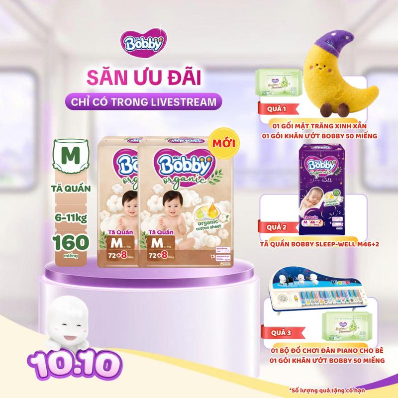 Tã/bỉm quần cao cấp Bobby Organic M72/L60/XL56/XXL54