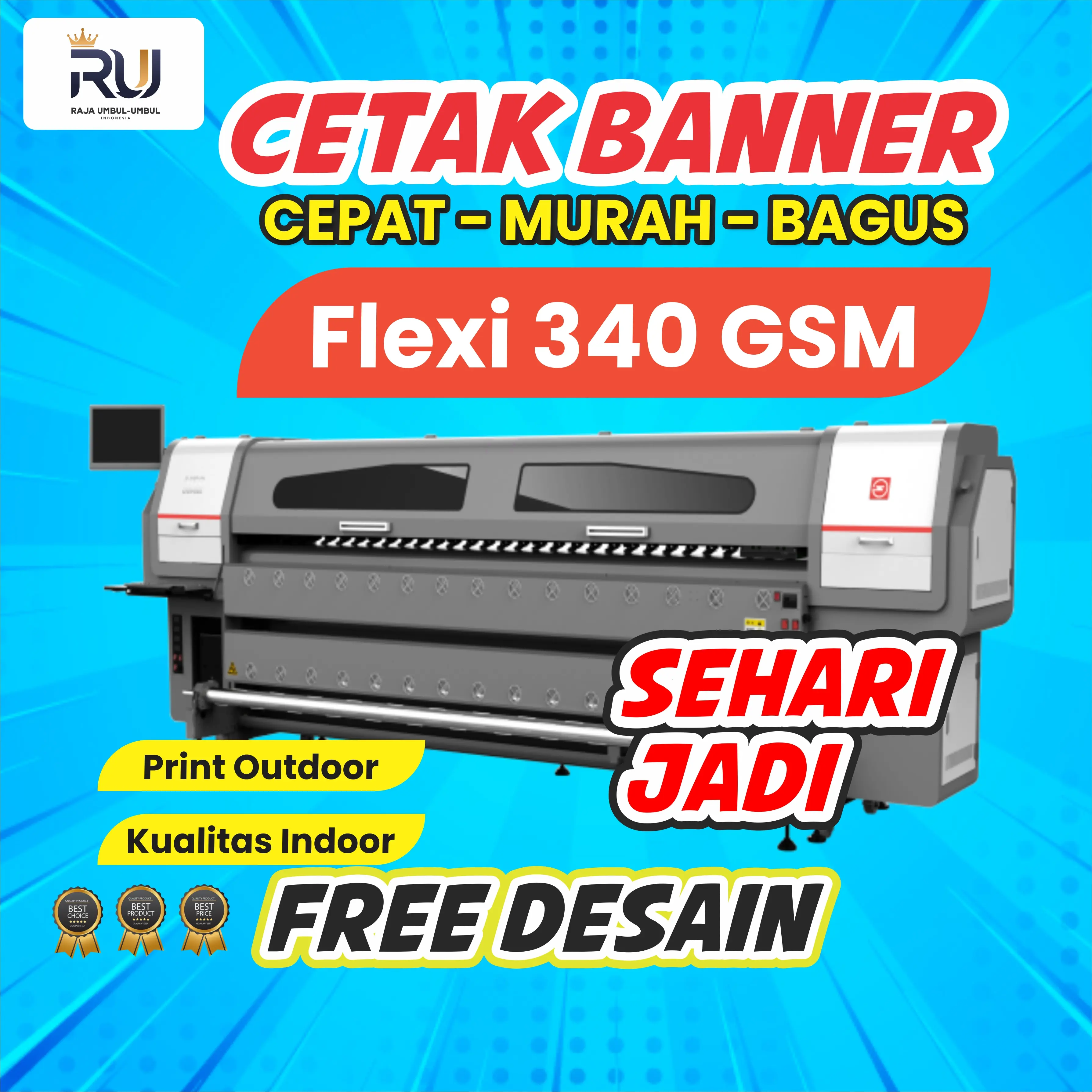 Cetak Banner Flexi 340 GSM Murah / Free Desain & Finishing Mata Ayam
