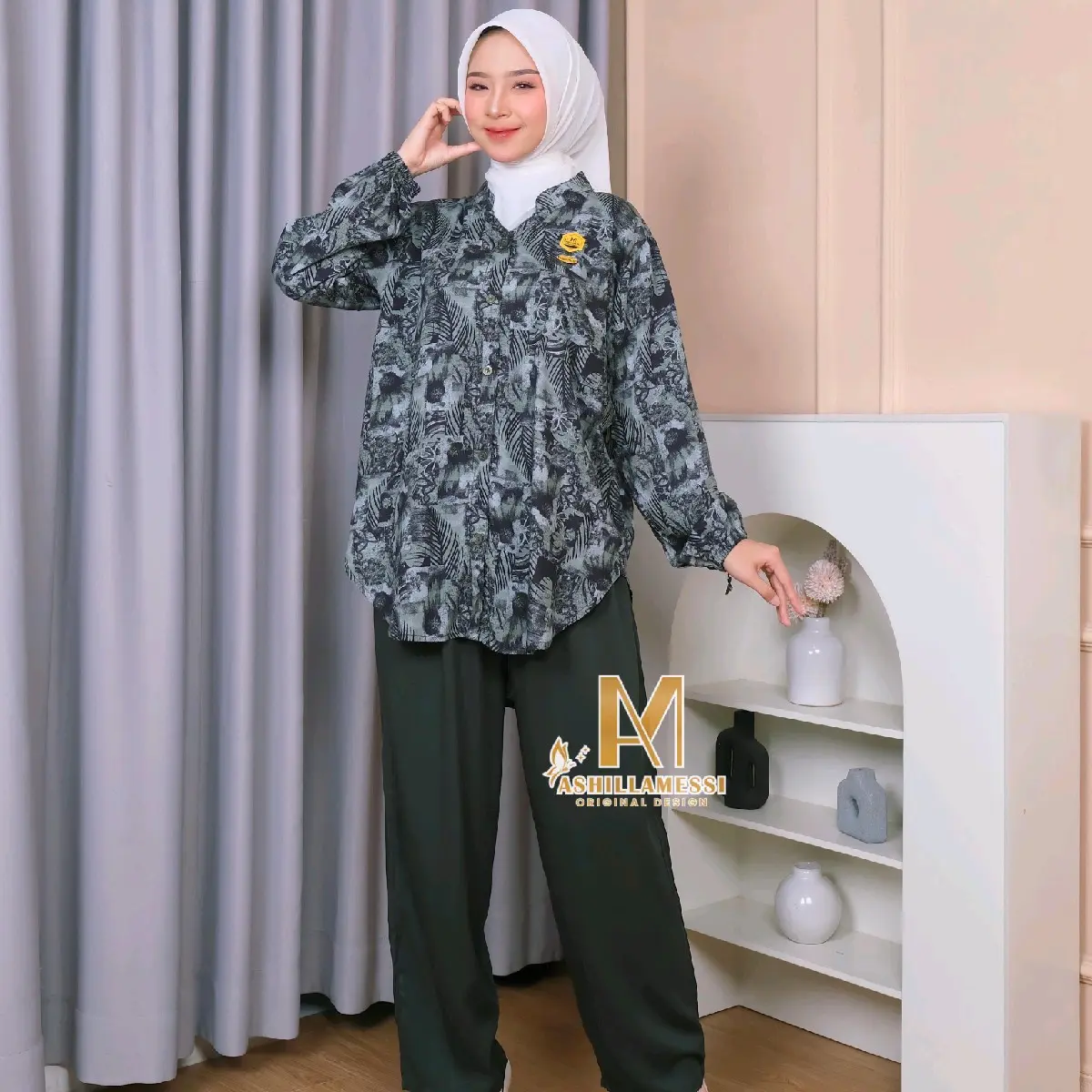One set wanita Bahan rayon premium setelan kekinian ukuran jumbo baju model kemeja kancing depan Panjang