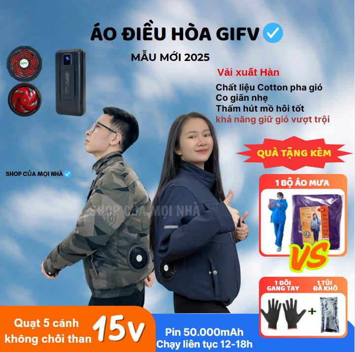 Bộ áo Điều Hòa G!FV D2 ultra pro (TẶNG: áo mưa+ gang tay+ đá khô ) Chất liệu vải cotton pha gió ( VẢI XUẤT HÀN ) giữ gió vượt trội, thấm hút mồ hôi tốt.PIN 50.000mah, quạt 15v