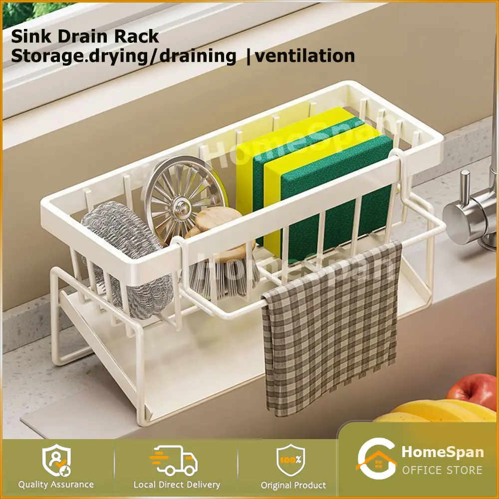 Kitchen Faucet Sink Drain Rack Sponge Hanging Rod Plastic Storage Drain Kitchen Storage Rack Organiser Utensils Hollow Wall Installation White