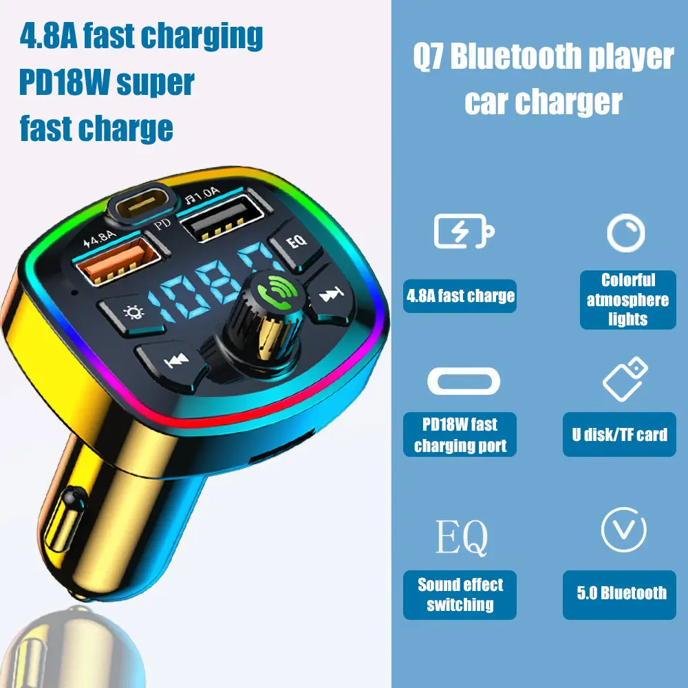 Q7 Colorful Atmosphere Light Car MP3 Player Bluetooth Receiver with QC3.0 Fast Charging