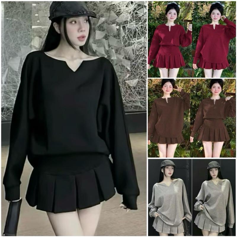 Có Bigsize Sét nữ tay dài mix chân váy xếp ly quần bảo hộ đồng chất ruby dày xịn full-size :40-90kg Nữ Áo Women Top