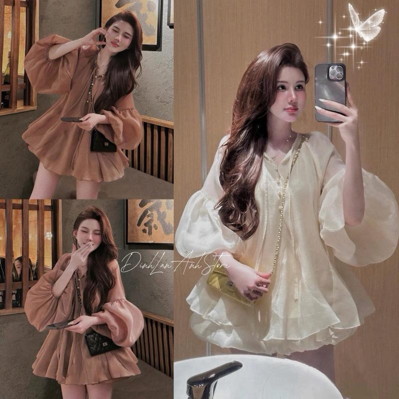 Set Babydoll Tay Phồng Cổ Nút Ngọc Mix Quần Bí Bồng Hai Lớp - DinhLanAnhStore