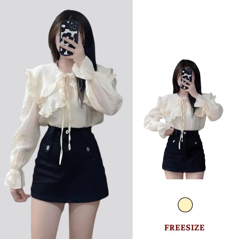 Áo sơ mi kiểu nữ dài tay Áo sơ mi đũi cổ bèo sen phối nơ màu be xinh xắn HA140 Women Top