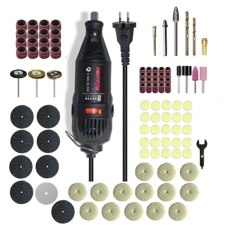 Bộ máy khoan và 92 phụ kiện khoan mài cắt đánh bóng sử dụng điện áp 220v công suất 130w tốc độ quay từ 8000 đến 30000v tương đương với 5 tốc độ từ số 1 đến số 5 dùng để làm đồ thủ công cỡ nhỏ làm diy