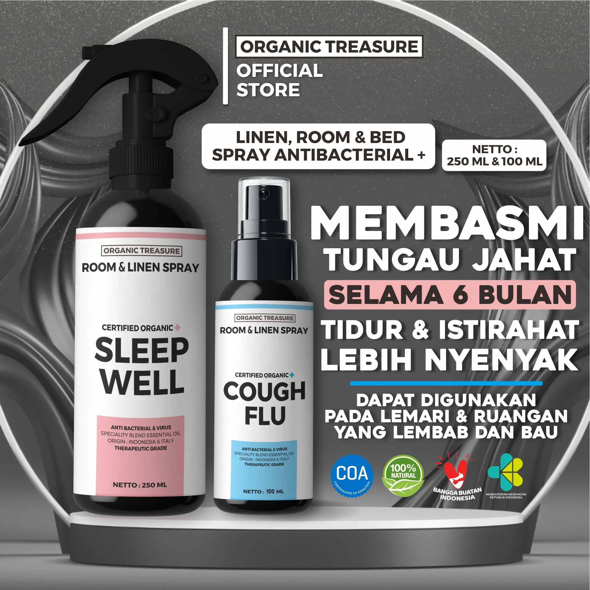 [100ML] LINEN, ROOM & BED SPRAY PREMIUM - By Organic Treasure pewangi  ruangan