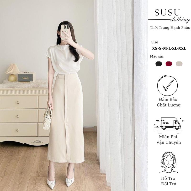  Chân váy công sở Susuclothing dáng suông dài maxi xẻ trước phối đai vuông cách điệu dài 88cm CV09 cho nữ - Women Đen  Voan 