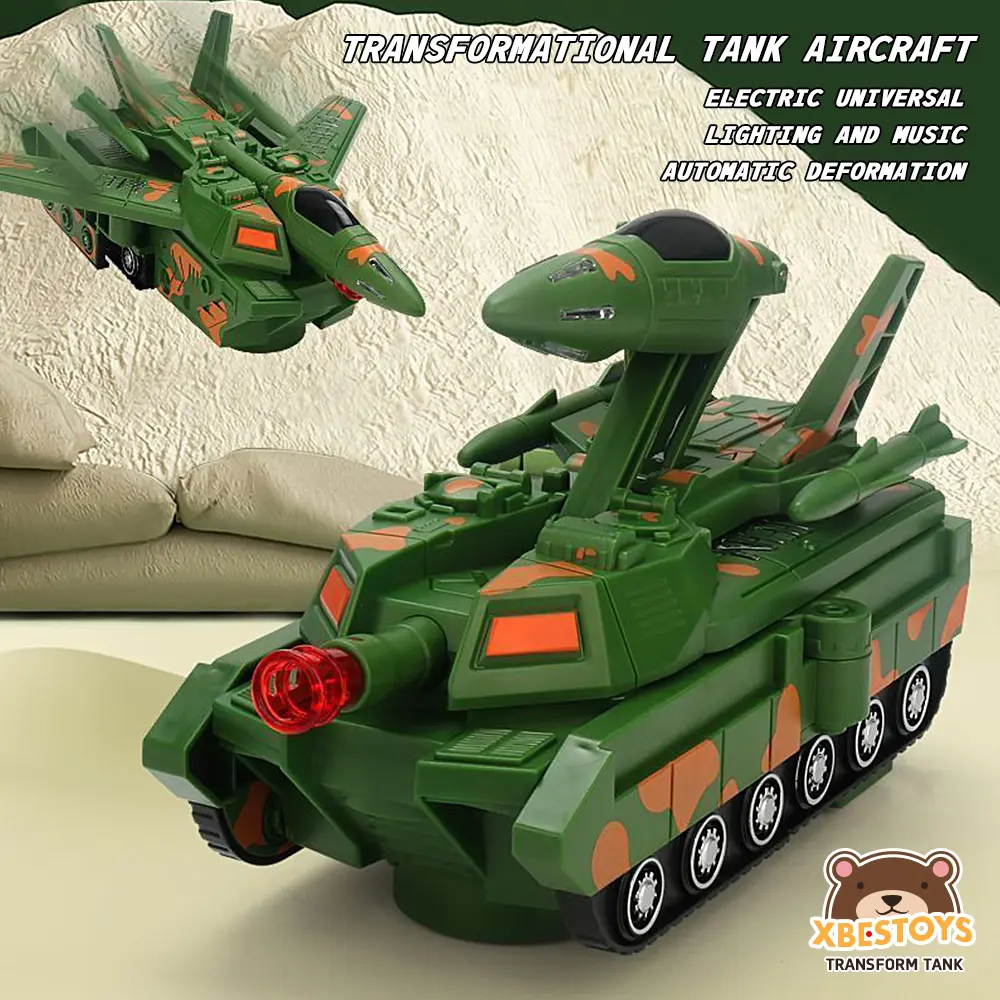 2-in-1 Transforming Tank and Aircraft Toy with Music and Lights, Collision Automatic Steering, Durable Plastic Construction, Multi-Color, Battery Powered, Military Vehicle Playset for Ages 3-6, Non-Included Battery - Chinese Mainland Origin