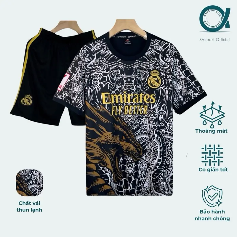 Bộ quần áo bóng đá, đồ đá banh REAL ĐEN MỚI 2024 Logo thêu - Vải thun lanh cao cấp Top Sport 0