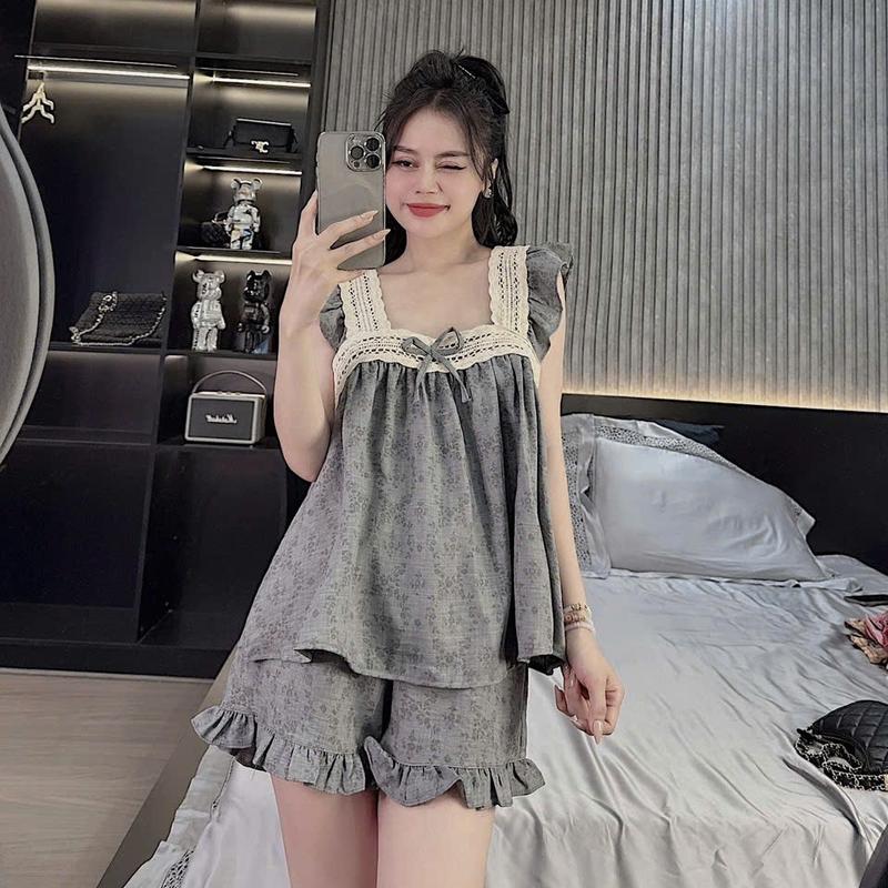 Set Bộ Đồ Cánh Tiên Mặc Nhà Phối Ren Chất Nilen1 Họa Tiết Hoa Nhí - CC39 Nữ Women