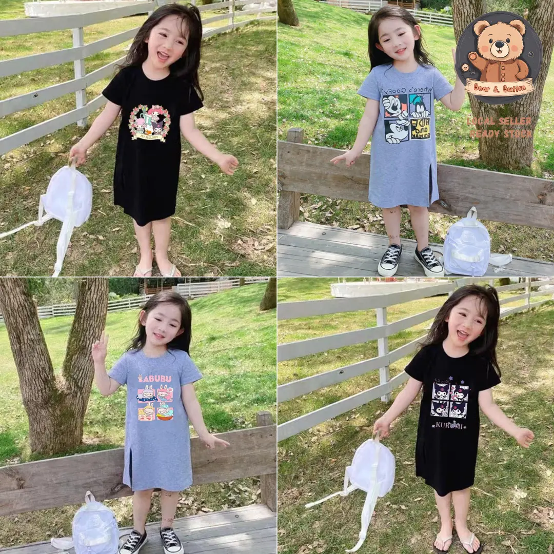 B&B 1-12 Years Children Baby Girl Dress Korean Style Girls Cotton Sanrio Melody Kuromi T-Shirt Mickey Dresses Clothes Baju Budak Perempuan Basic Shirt Kanak-Kanak Perempuan Baby Girl Sanrio Melody Dress