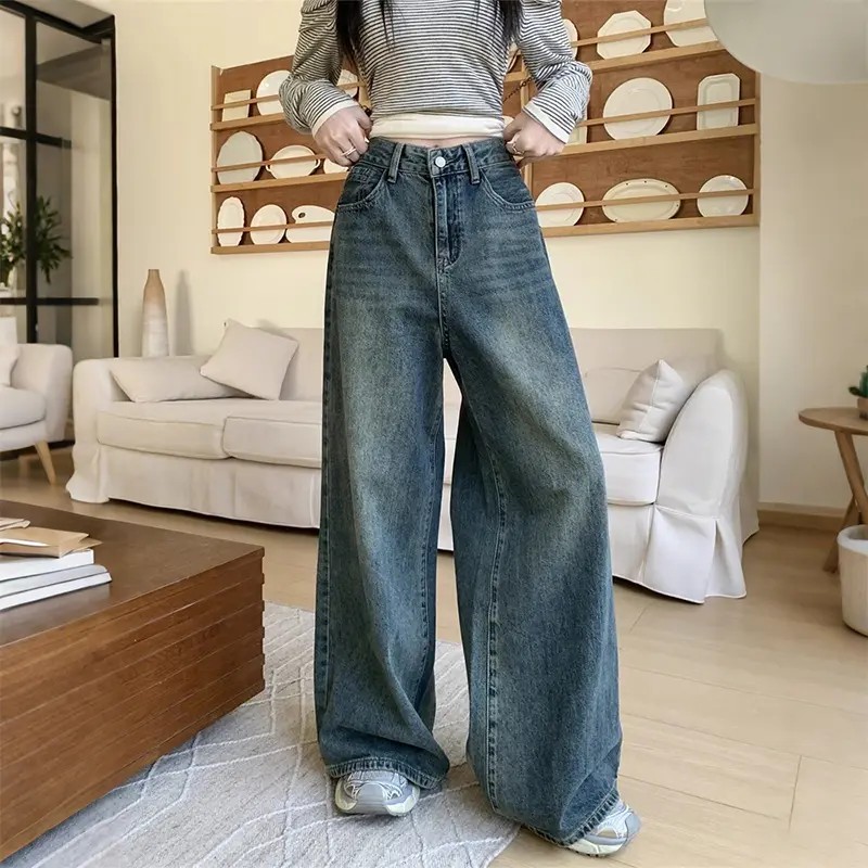 Celana  Bigsize Jumbo   Wanita Model Korea Terbaru Panjang Wide Leg  Baggy Pants Cutbray Wanita oufit   wide      biru retro streetwear outfit girl high waist jeans loose Cewek Straight Boyfriend Stretch Karet ootd