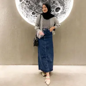 Z-Two Highwaist Rok Jeans Skirt Span Panjang Wanita Muslim Lebaran Korean Style 2024 Big Size Jumbo BB 100 Karet Tebal