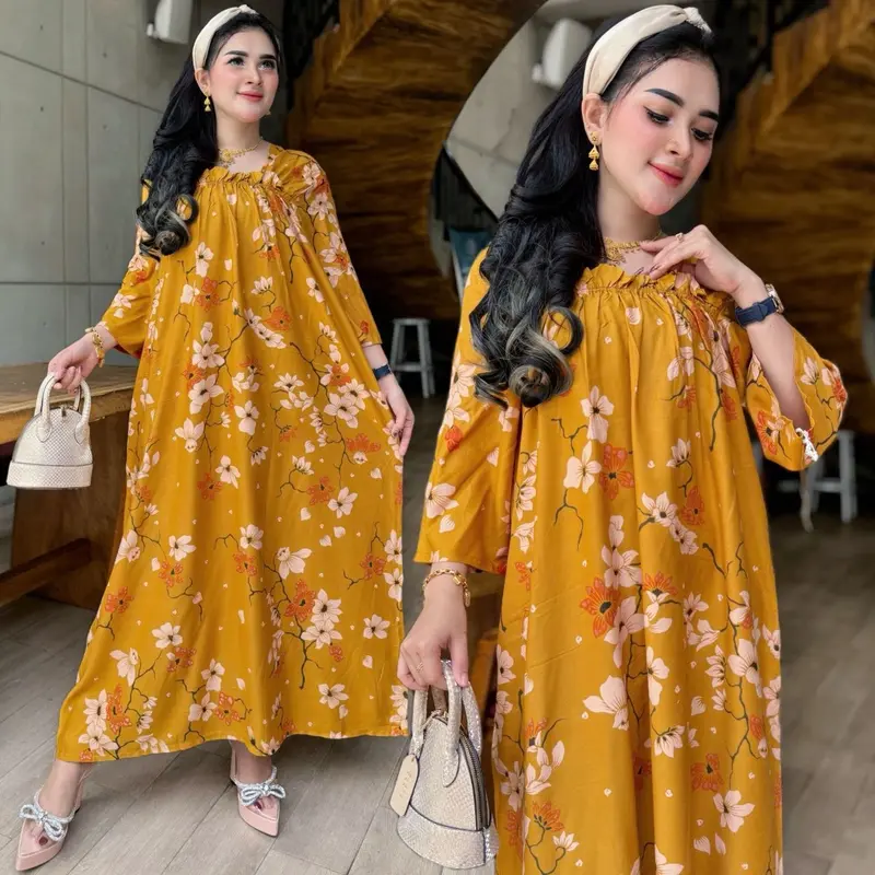 Long dress fuji Motif Bunga sakura Rayon cantik elegan daster jumbo viral Harian Nyaman 1