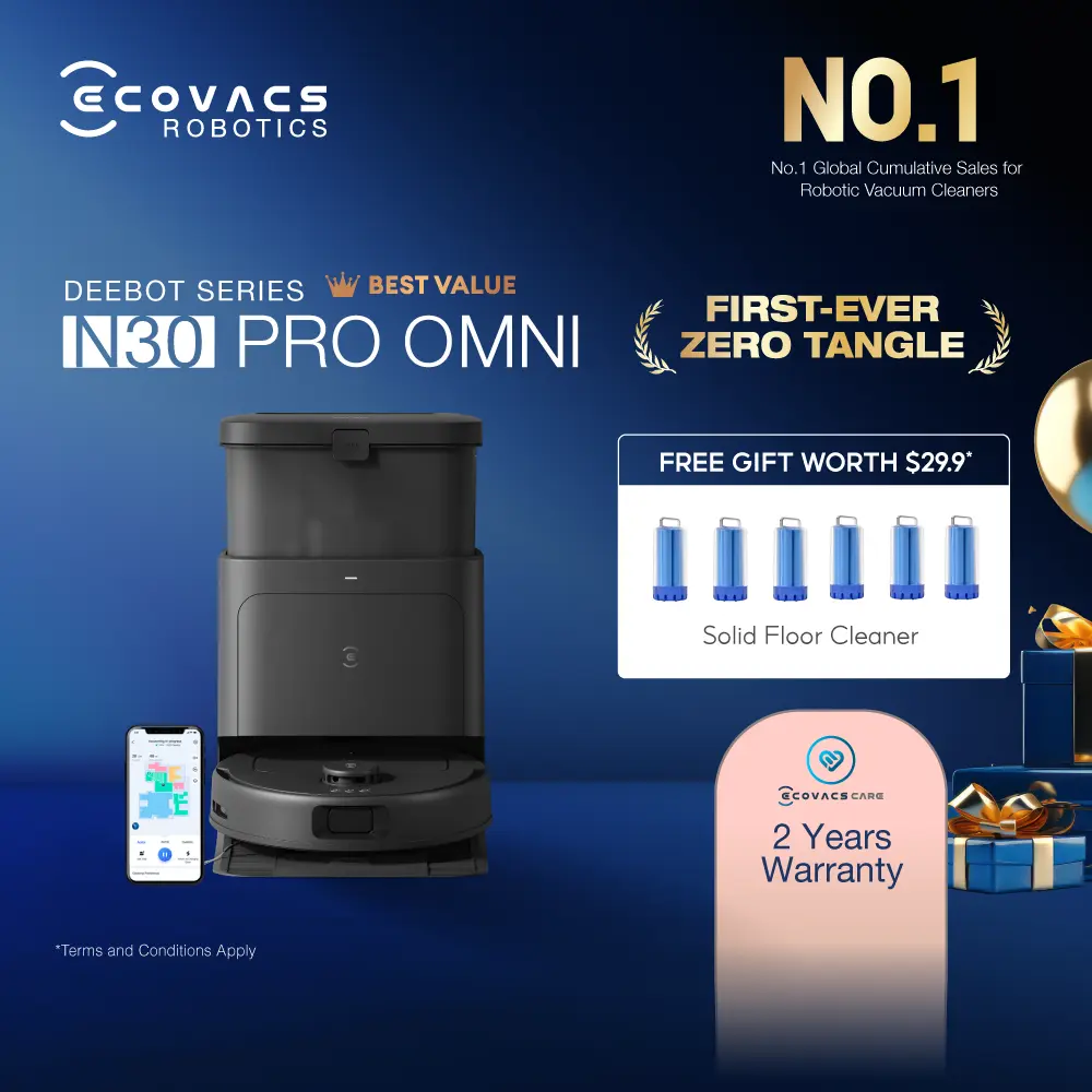 [NEW] ECOVACS DEEBOT N30 PRO OMNI Robot Vacuum | 10,000 Pa | ZeroTangle 2.0 | 60C Hot Water Washing | TruEdge Mopping | Hot Air Drying | 9mm Auto Mop Lift | TrueMapping 2.0 | Big 5,200 mAH Battery Capacity |  2 Years Local Warranty