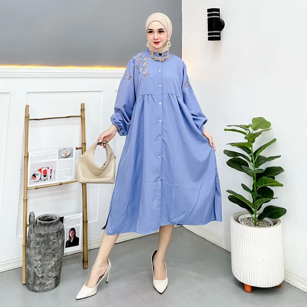Malrene Midi Dress Muslimah Tunik Bordir Busui Shakila Syari - Wanita Gamis Kancing