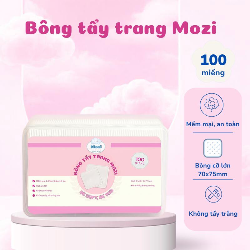 Combo Bông Tẩy Trang Mozi 100 Miếng Cỡ Lớn 7x7.5cm | Bông Tự Nhiên Không Xơ An Toàn Cho Da Nhạy Cảm | Hộp Nhựa Cao Cấp Kín Khí