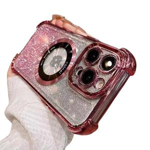 Plating magnetic case for iPhone 16 15 14 13 12 11 pro Max Plus case clear glitter casing shockproof phone case for women girls hard Acrylic Cover with soft bumper transparent logo show