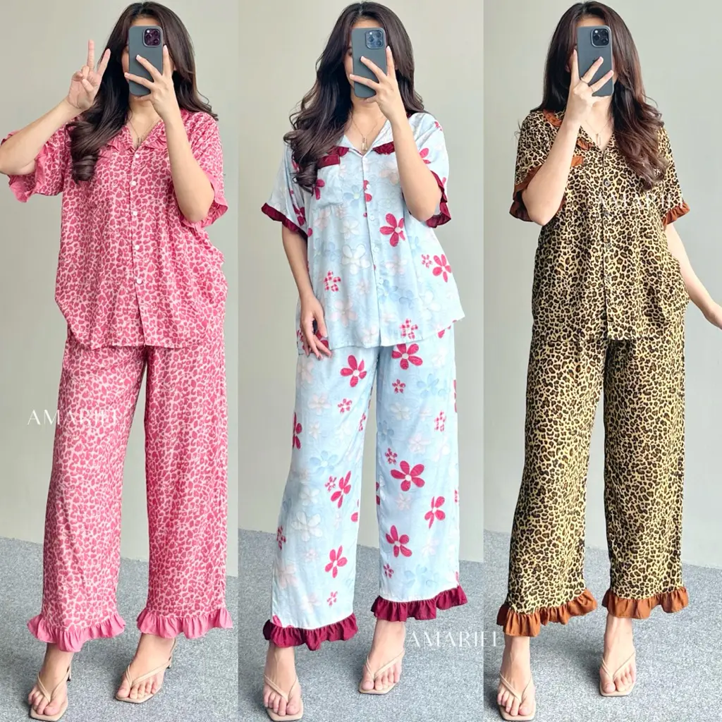 Amariel Bebina OneSet Piyama Rayon Kerah Ruffle Setelan Baju Tidur Nyaman Bumil Busui Friendly