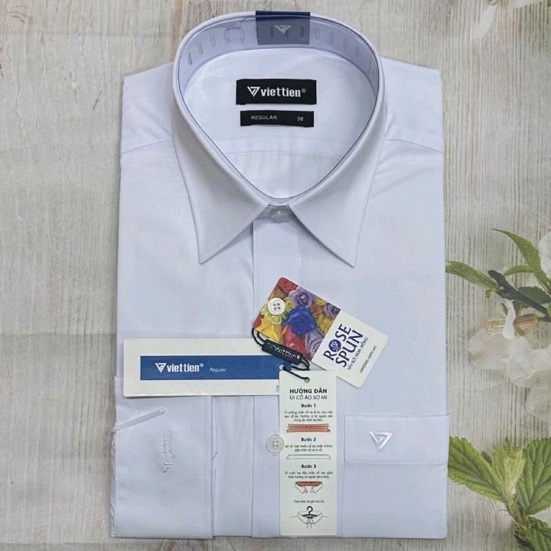VIETTIEN- 610k Regular Áo trắng vải sợi hoa hồng -Áo sơ mi trắng nam VIỆT TIẾN dài tay