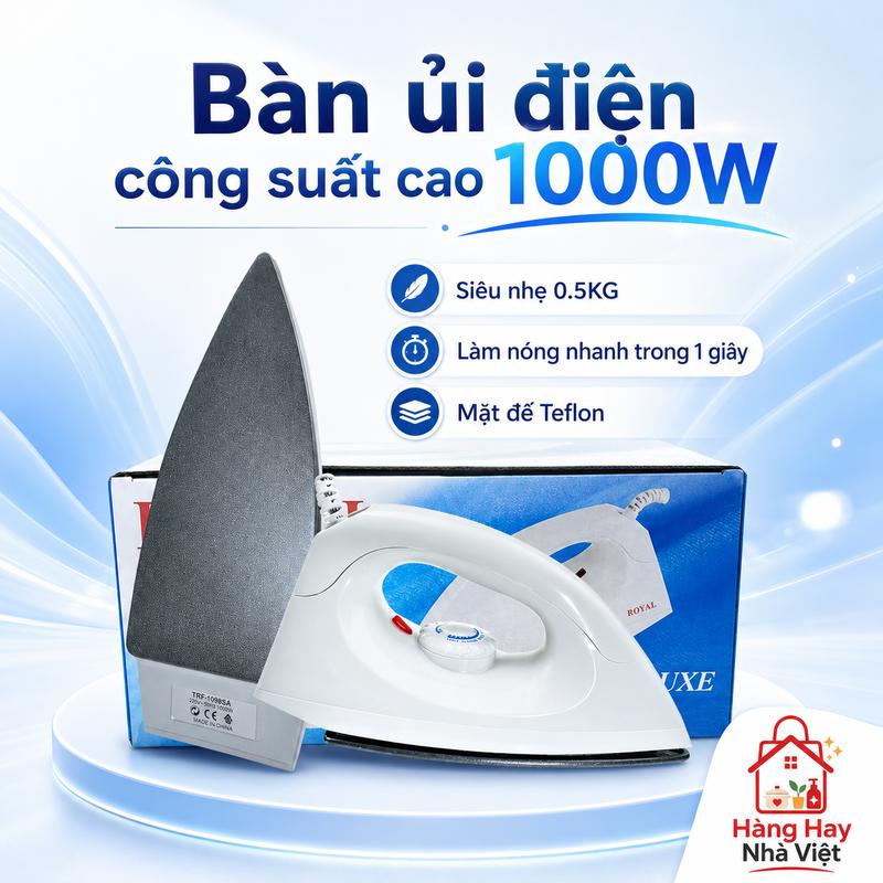 Bàn ủi khô 1000W với mặt đế chống dính Teflon, làm nóng nhanh, siêu nhẹ (0,5 kg), dễ dàng ủi quần áo.