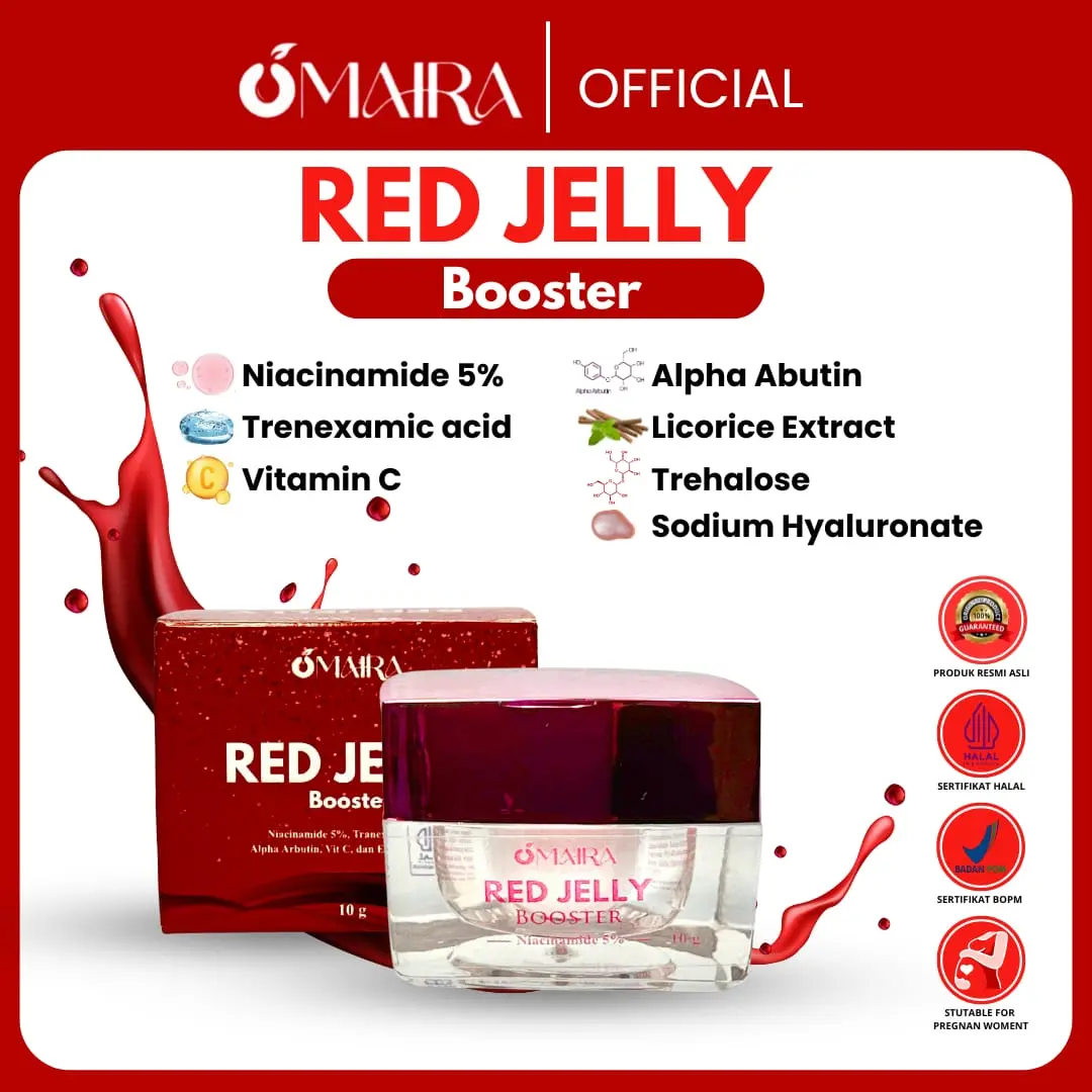 Omaira Beauty - Red Jelly Booster with 5% Niaciamide | Perawatan glowing whitening booster | Membantu Mencerahkan Wajah | Membantu menyamarkan noda hitam, Flek, Bekas jerawat | Menvantu Melembabkan with Sodium Hyoluronate