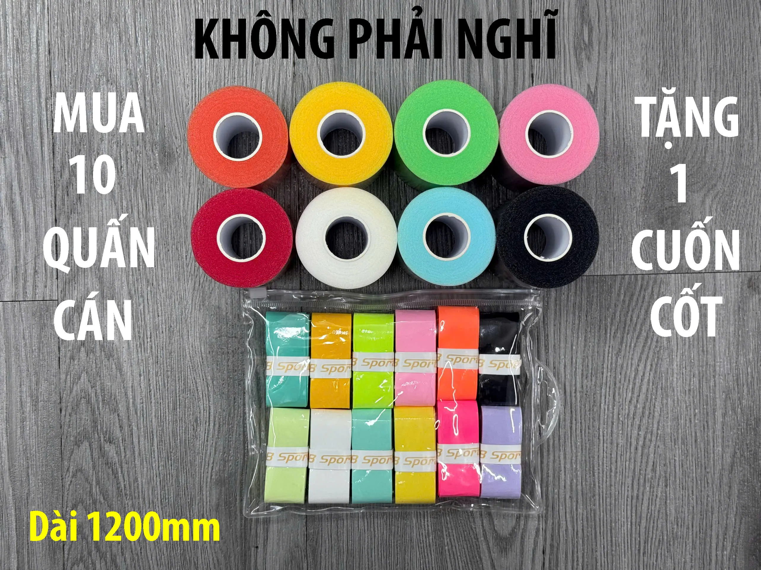 Combo 10 quấn cán TNB tặng 1 quấn cốt siêu tiết kiệm màu ngẫu nhiên! Quấn cán cực bám tay, thấm hút mồ hôi tốt. Dành cho cầu lông, pickleball, tenis…