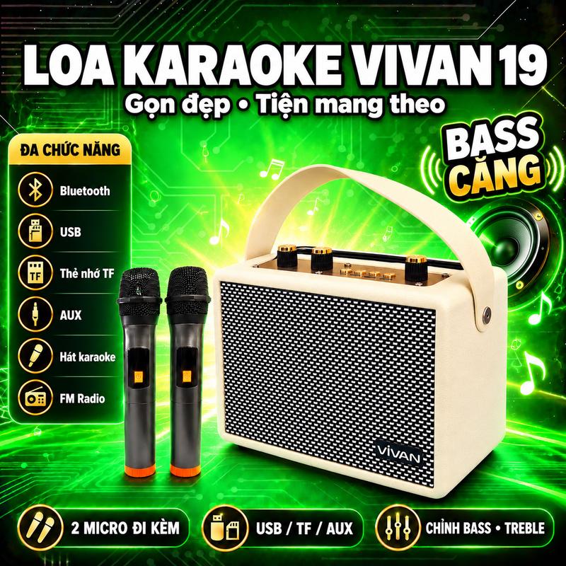 Loa Bluetooth Karaoke Xách Tay VIVAN V19 Đèn LED RGB 2 Micro AUX TP Card USB Âm Thanh Mạnh Mẽ